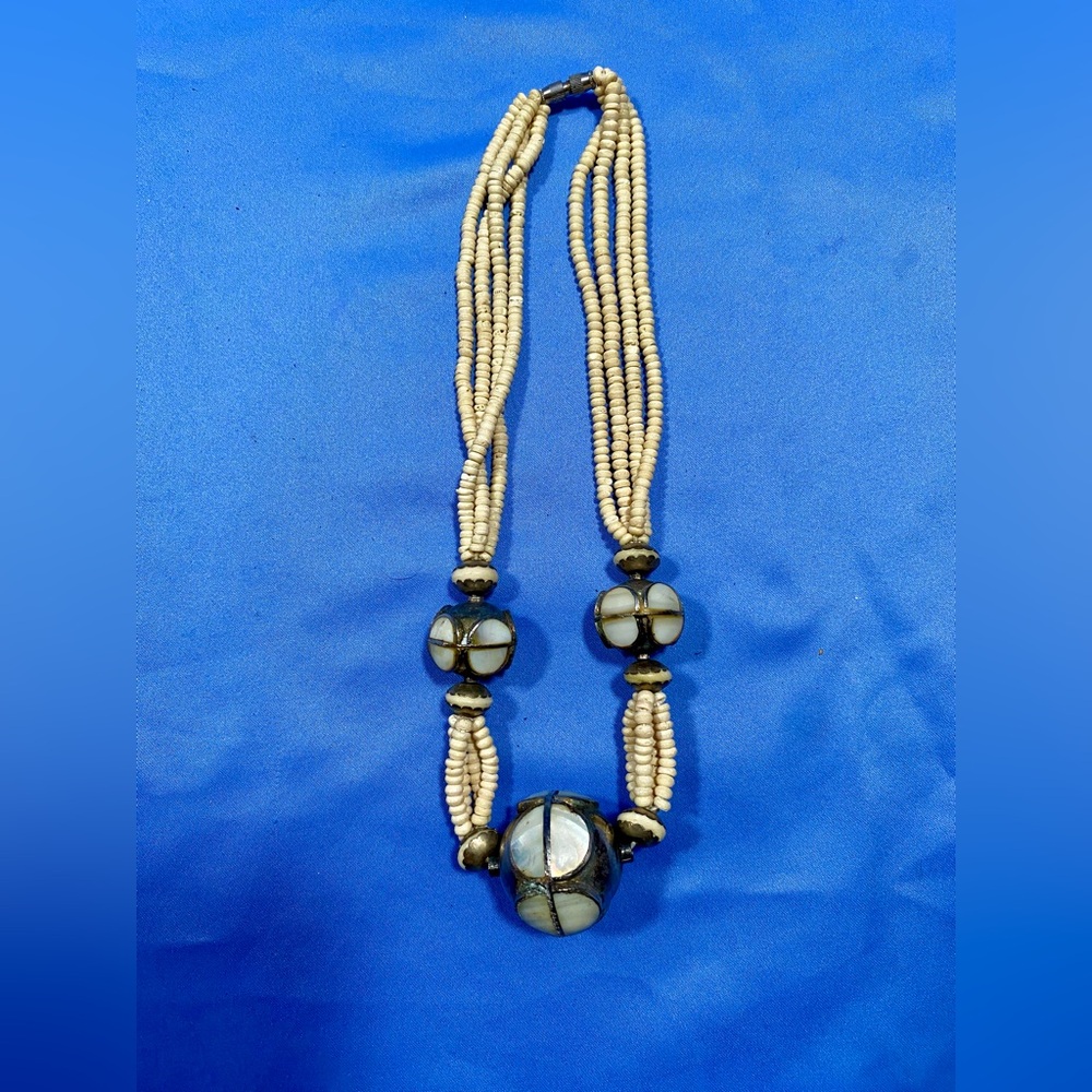 Vintage Bead Ethnic Boho Silver Bone / metal/ mother of pearlRustic Necklace